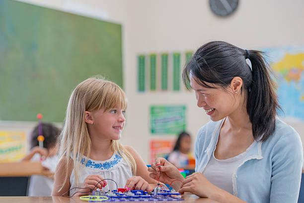 istock Teacher Guiding Young Girl in Hands-On Classroom Science Activity 2222612009