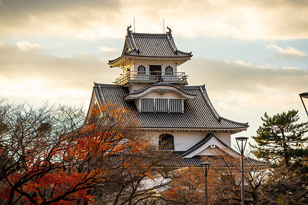 A scenic view of the historic Nagahama Castle keep in Hokoen Park, Shiga, Japan, beautifully framed by the vibrant, backlit red and orange maple leaves.
