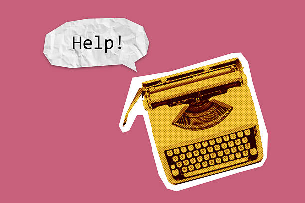 Retro typewriter shouting “Help” in speech bubble, concept of creative struggle, writing block, vintage distress communication.