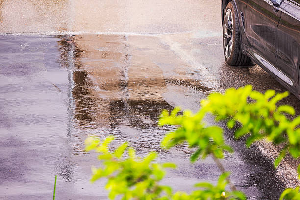 istock Parked black car on wet asphalt during rainfall with blurred green branches visible in foreground. Sweden. 2222616787
