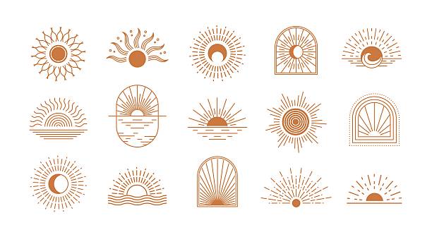 Bohemian sun. Abstract boho suns and arc windows, sunburst. Bohemian minimalist line sunrise and sunset in water of sea waves. Vector mystic outline icons