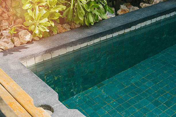 istock Pool villa. Sparkling Blue Swimming Pool Surrounded by Lush Greenery and Natural Stone Landscaping in Bright Sunlight 2222638777