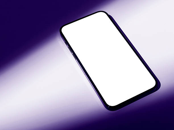 istock Phone screen mockup. Modern black smartphone with blank touch screen, glowing violet beam effect, 2222639270