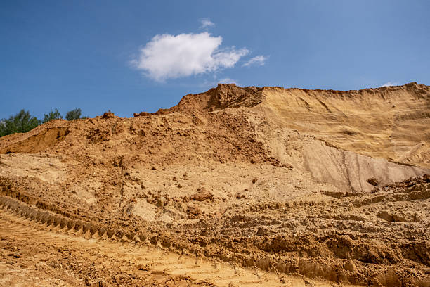 istock Sand against the blue sky. Sand quarry, sand mining, development 2222642366