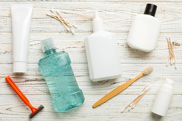 istock Mockup for bathing products top view flat lay, spa razor, toothpaste, soap, gel and other various accessories. Cosmetics for skin health. Bath Mockup for your logo 2222642506