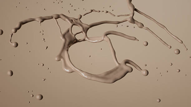 istock Abstract dynamic splash of liquid beige paint with expressive, fluid motion. Droplets scattering in all directions. Drink or cosmetics concept. 3d rendering 2222642677