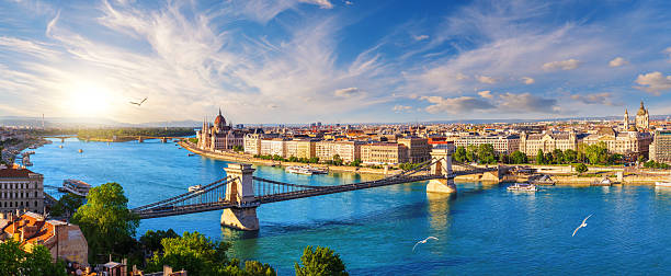Panoramic view of famous Chain Bridge and Budapest landmark at sunset over Danube river.