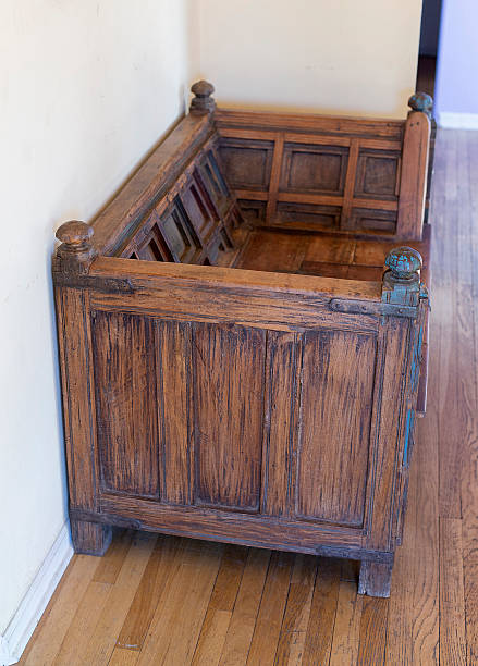 istock Unique hand carved wooden bench with storage space inside 2222654884