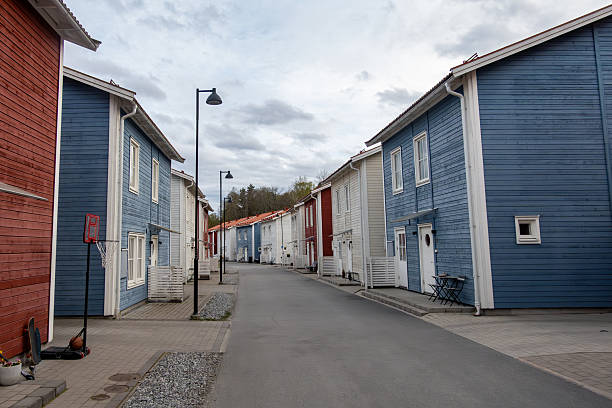 Stockholm, Sweden April 28 2025 A row house residential housing development in the Ekero suburb.