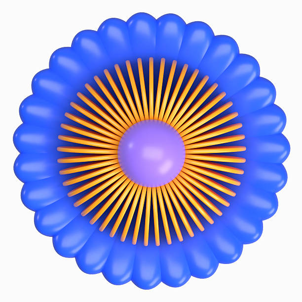 A circular flower with vibrant purple petals and a sunburst orange core.