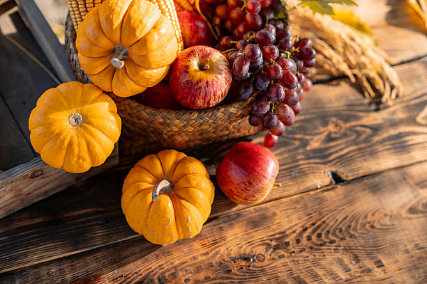 Fall harvest cornucopia. Pumpkin fruit in Autumn season for Halloween and thanksgiving.