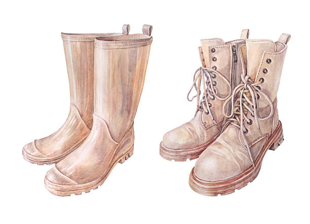 Watercolor set with beige rubber boots isolated on white background. Shoes for summer or spring rainy walk. Autumn waterproof outfit. Protection wellingtons for work in garden. Clipart for wallpaper.