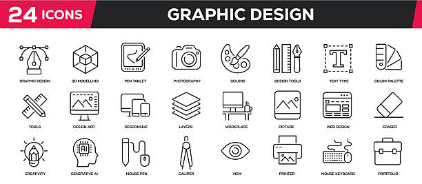 Set of collection line icons related graphic design, drawing. Editable stroke. Perfect pixel on transparent background