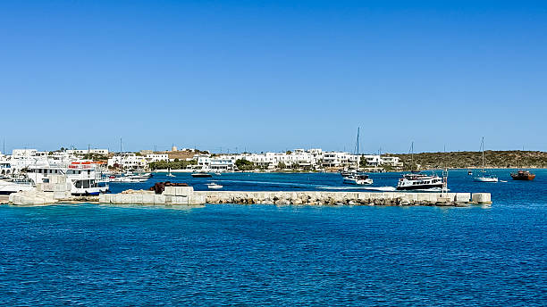 Antiparos town, Antiros island, Greece. View from a ferry.