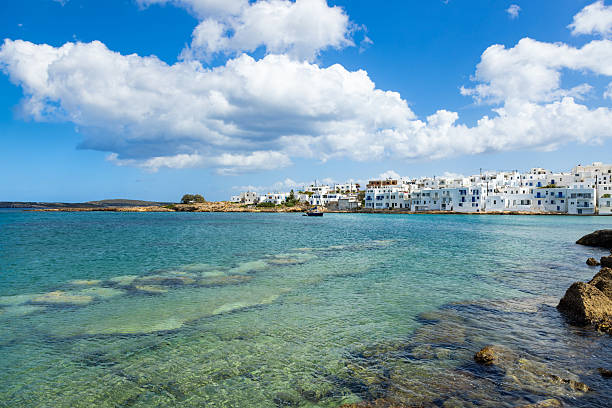Gentle waves roll onto a sandy shoreline under a clear blue sky, with whitewashed buildings visible in the distance on the island of Naxos, Greece.