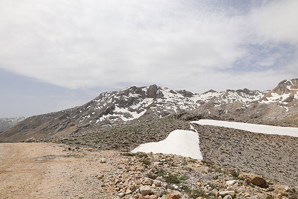 Mountain snow road. Mountain dirt road. High quality 4k footage