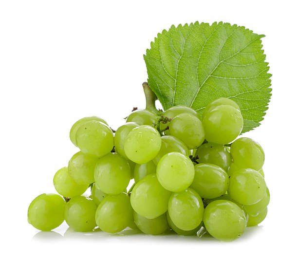 istock Green grapes and grape leaves isolated on a white background 2222698627