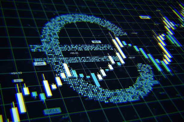 istock Euro symbol formed from digital dots with candlestick chart overlay on futuristic grid screen representing currency exchange and financial market data. 3D Rendering 2222711992