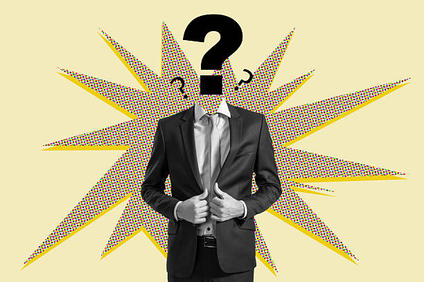 istock Businessman with question mark head on colorful comic-style background symbolizing curiosity and problem-solving in corporate environment. 2222712234