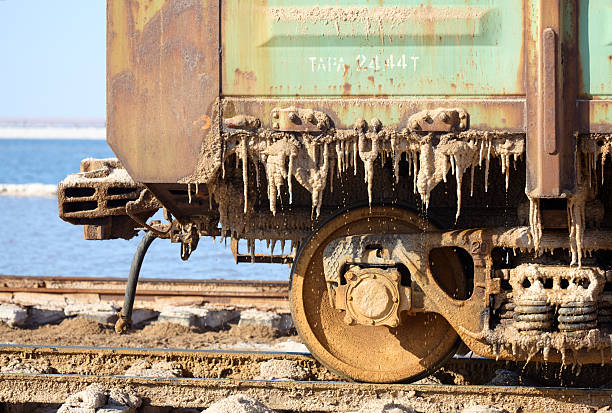 Food salt (sodium chloride) production. Open-pit mining of sodium chloride food salt, salt deposit in a salt lake. Baskunchak lake, Astrakhan region, Russia