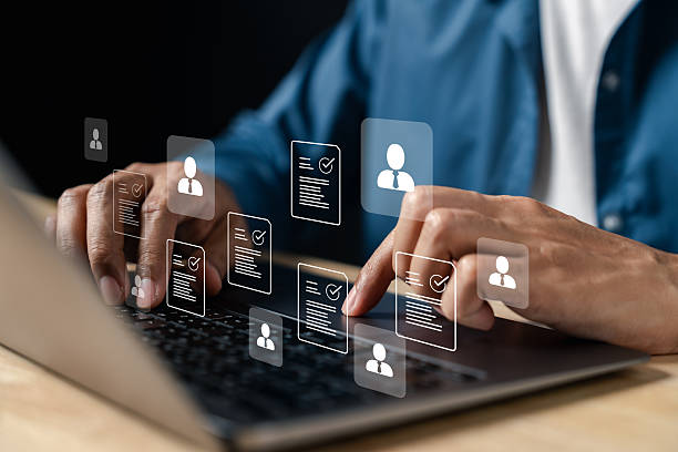 istock Human resource management system showing job interview and candidate resume analysis through digital interface. Ideal for recruitment platforms, applicant screening, and employee evaluation systems. 2222723090