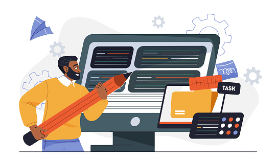 Nesar Computer Software Developer Concept Man With Pencil Near Computer Screen With ...