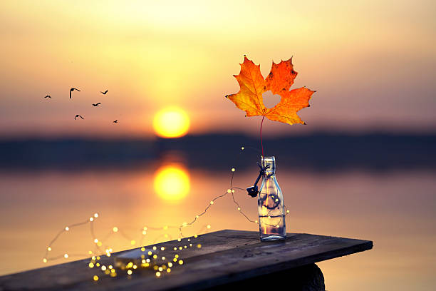 istock Seaside Romance: Glass Bottle and Autumn Leaf at Sunset 2222726308
