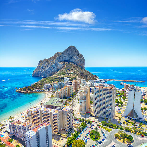 Aerial view of Calpe with the dramatic Peñón de Ifach, a 337-meter limestone outcrop, dominating the background