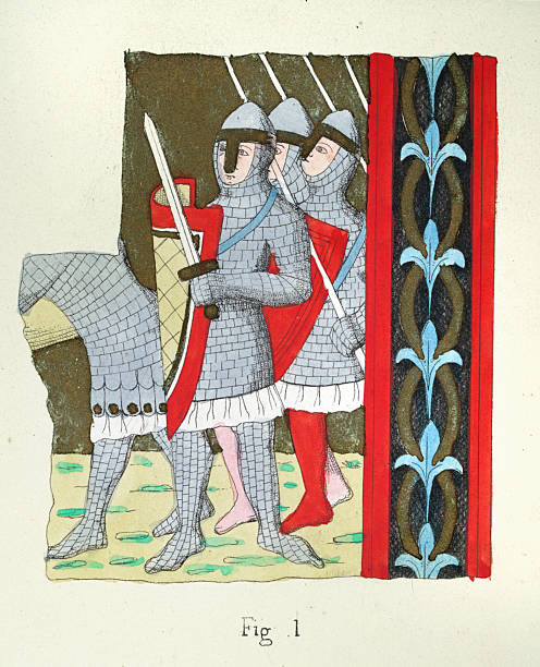 Medieval military history, Fashion, Norman knights wearing chain mail armour, nasal helmet, armed with sword and shield, c. 10th to 11th Century