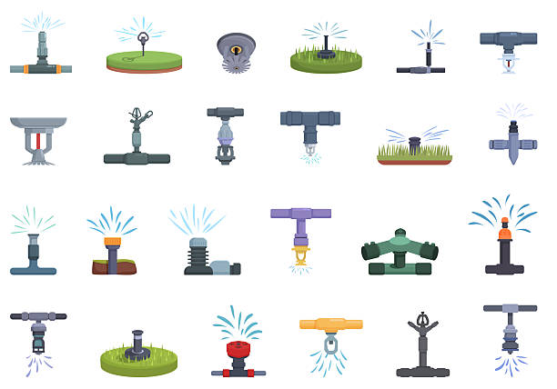 ilustraciones, imágenes clip art, dibujos animados e iconos de stock de sprinkler system icons set cartoon vector. water nature - aspersor