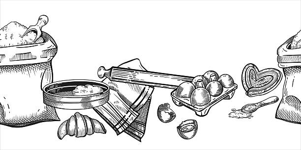 Seamless border on the theme of cooking. a bag of flour, a rolling pin, a sieve, chicken eggs, sweet buns, croissants. For the design of packaging, the interior of bakeries and confectioneries.