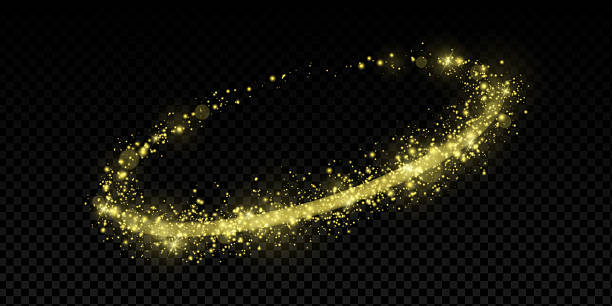 istock Golden light trail with magic sparkles and glowing swirl. Abstract curved wave with shimmer, dust and flare on black transparent background. Dynamic 3D fantasy ring vector illustration. 2222760542