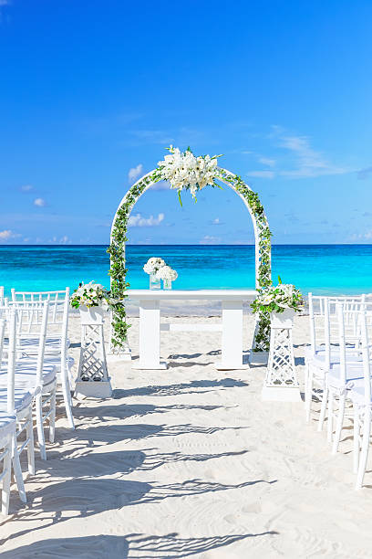 istock Tropical paradise  wedding setting and beautiful wedding arch on the beach 2222762002