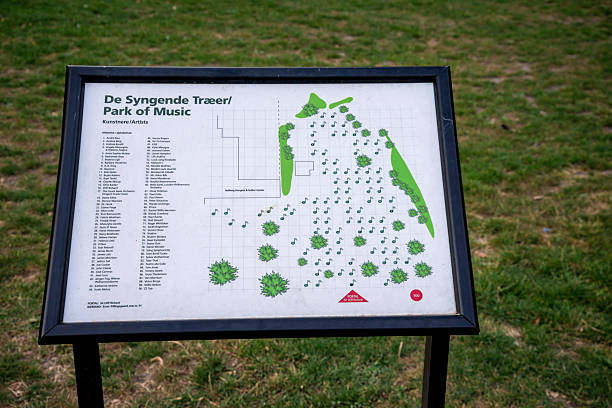 Informational Signboard at Park of Music Featuring Trees  and Artist Names in a Famous Park Of Music in Kildeparken, Aalborg, Denmark, 16 July 2018