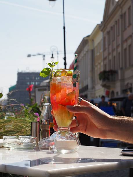 Refreshing fruit cocktail at outdoor cafe.