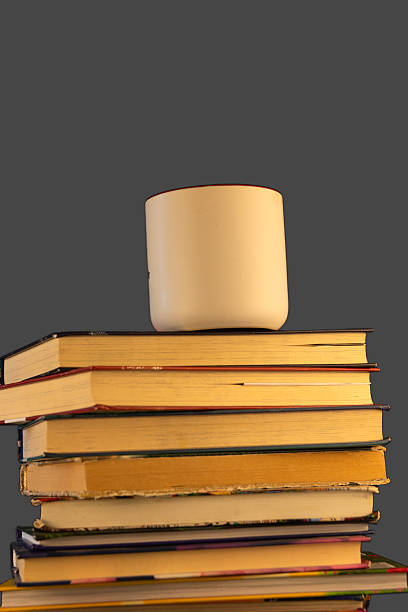 Warm knitted plaid, cup of hot tea and books on wooden table. Background with copy Space. Autumn and winter concept