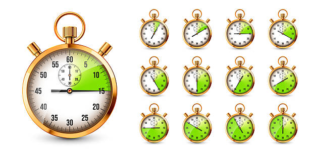 istock Realistic classic stopwatch. Shiny golden metal chronometer, time counter with dial. Green countdown timer showing minutes and seconds. Time measurement for sport, start, finish. Vector illustration 2222771059