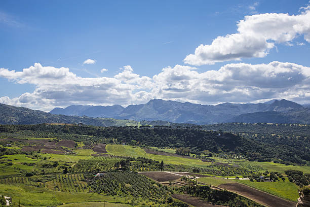 Mountains against a clear sky covered with white clouds. Panorama seen from the city of Ronda in Spain.