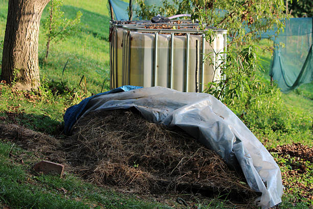 A compost pile of decaying grass and leaves, partially covered by a plastic tarp, sits near a large water tank among orchard trees and wild grass
