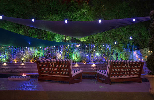 Rear view of teak lounge chairs in a desert oasis yard at night, overlooking a mountain lit by magical outdoor lighting. Peaceful, stylish, and glowing with warmth.