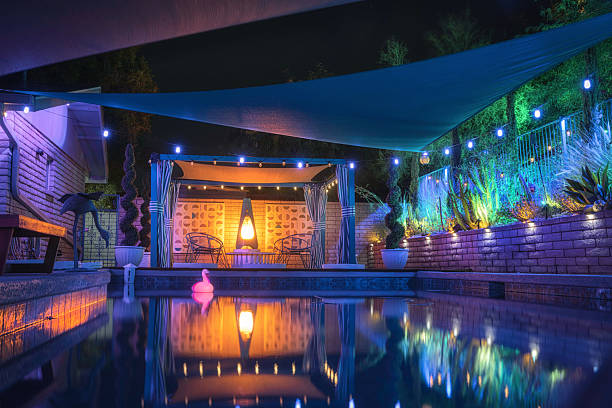 Nighttime Desert Oasis Pool with Atomic Fireplace and Ambient Lighting