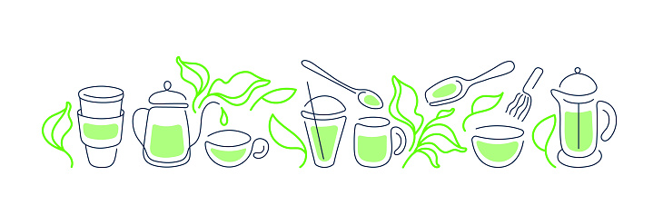 Matcha Making Border Matcha Tea Green Leaves Vector Line Art Border Stock Illustration ...