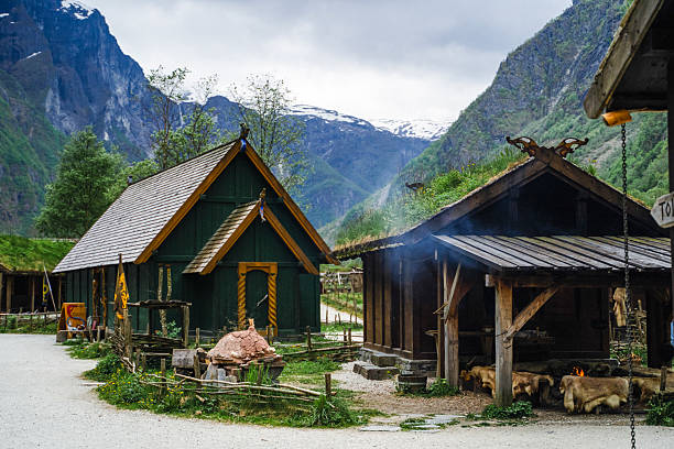 Traditional viking village and mountains, springtime