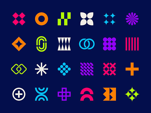 A set of bright and colourful simple geometric shapes. These can be used as icons and design elements. The colour palette is retro 1990's/early 2000's inspired.