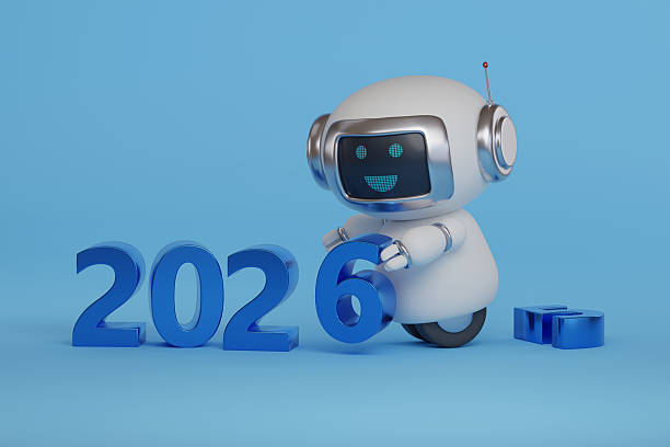 istock Year 2026 in three dimensions with cute robot on blue background. New year concept. 3d illustration. 2222790658