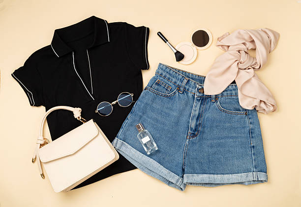 istock Flat lay with casual summer outfit on color background, top view 2222793091