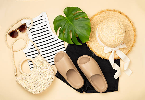 istock Flat lay with casual summer outfit on color background, top view 2222793096