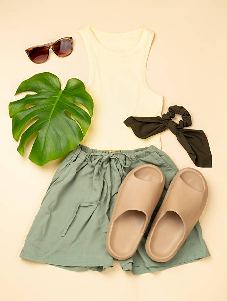 istock Flat lay with casual summer outfit on color background, top view 2222793103