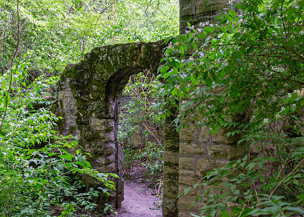 Old stone buildings along the loop trail at Fort Belle Fontaine county park in St. Louis, Missouri. The ruins sit on the grounds of what was the first United States military installation west of the Mississippi River.
