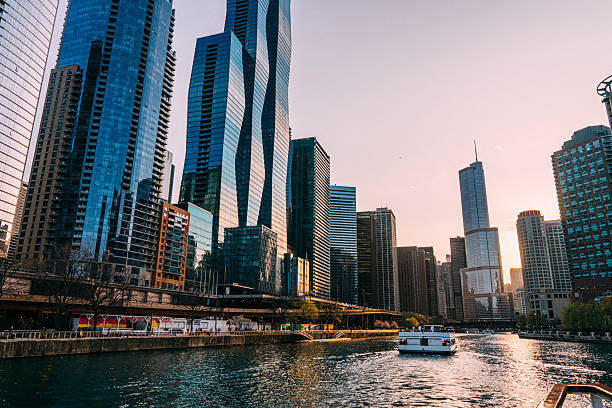istock Chicago, Illinois Skyline and River Boat Tour at Sunset 2222797913